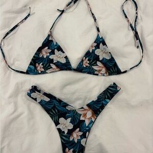 Floral Triangle Bikini Set in Black and Teal